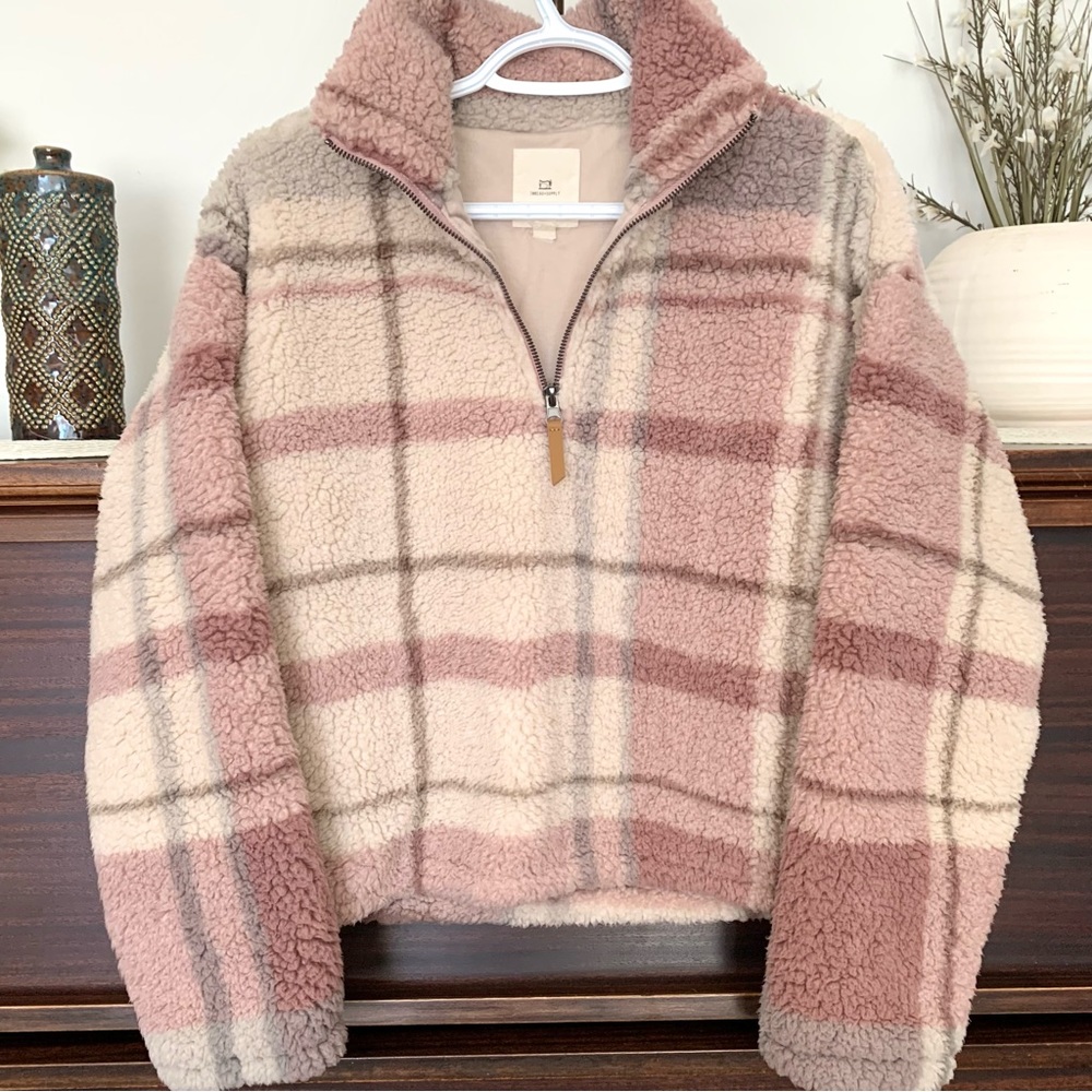 Thread & Supply Plaid Quarter Zip Teddy Pullover, Size XS